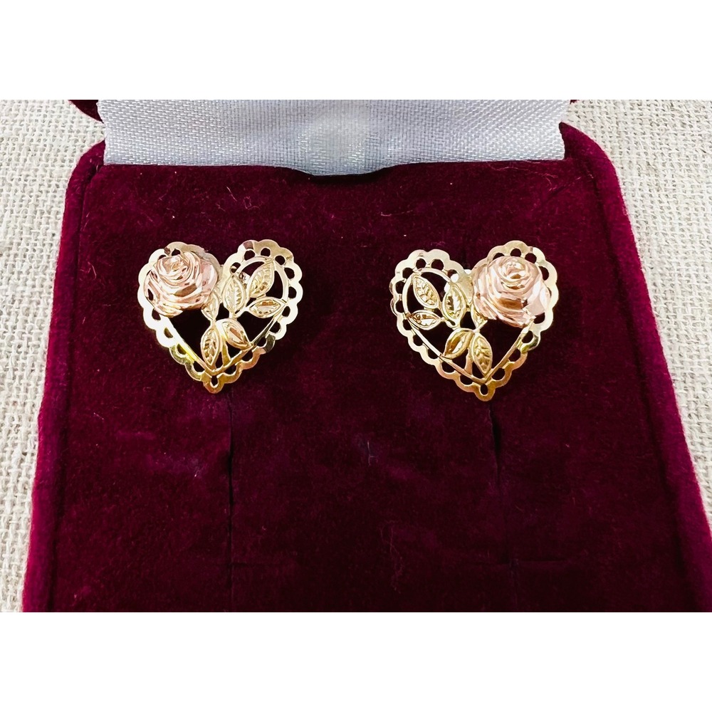 Vintage 14k Gold Two Tone Heart Rose Stud Yellow Rose Gold Floral Earrings